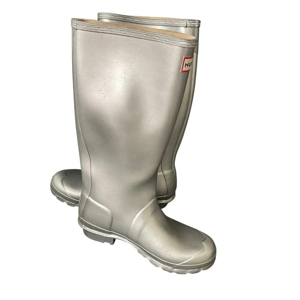 FLAW Hunter Kids Original Metal Silver Boots Rain Winter Girls US 5 Boys US 4